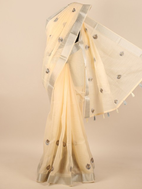 

Pothys Cream-Coloured Floral Zari Cotton Blend Saree