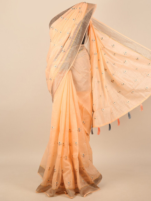 

Pothys Peach-Coloured & Grey Embroidered Floral Saree