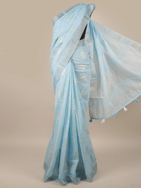

Pothys Blue & Silver-Toned Floral Zari Linen Blend Saree