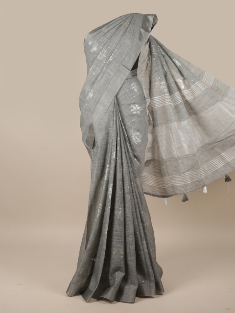 

Pothys Grey & Silver-Toned Floral Zari Linen Blend Saree