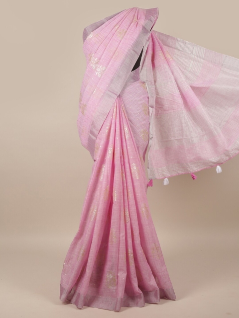 

Pothys Pink & Silver-Toned Floral Zari Linen Blend Saree