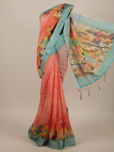 

Pothys Pink & Blue Floral Zari Linen Blend Saree