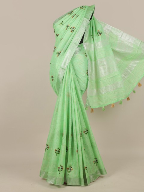 

Pothys Green & Orange Floral Zari Linen Blend Saree