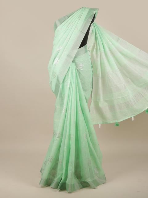 

Pothys Women Green Embellished Floral Printed Tasseled Saree