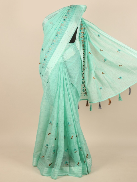 

Pothys Sea Green & Brown Floral Embroidered Zari Saree