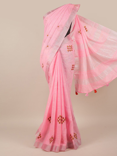 

Pothys Pink & Silver-Toned Floral Zari Linen Blend Saree