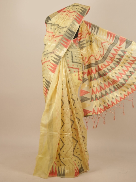 

Pothys Women Lime Green Abstract Woven Design Jute Silk Tasseled Saree