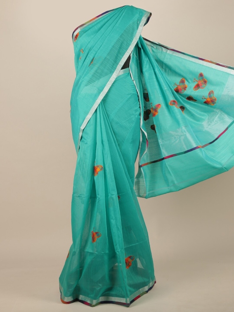 

Pothys Sea Green & Silver-Coloured Embroidered Cotton Blend Saree