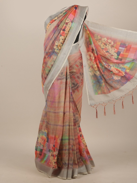 

Pothys Pink & Green Floral Linen Blend Saree