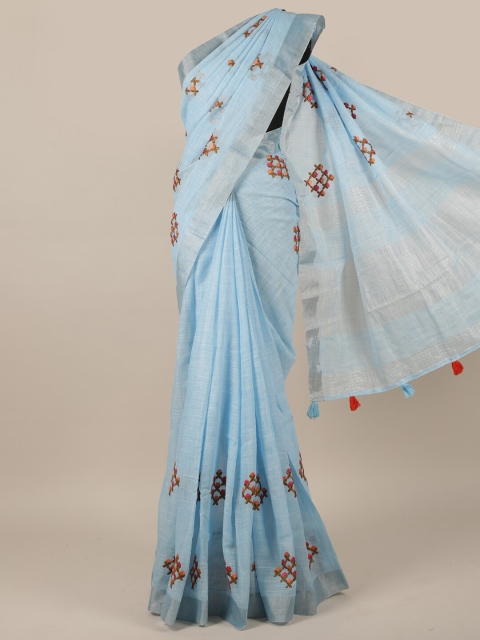 

Pothys Blue & Silver-Toned Floral Zari Linen Blend Saree