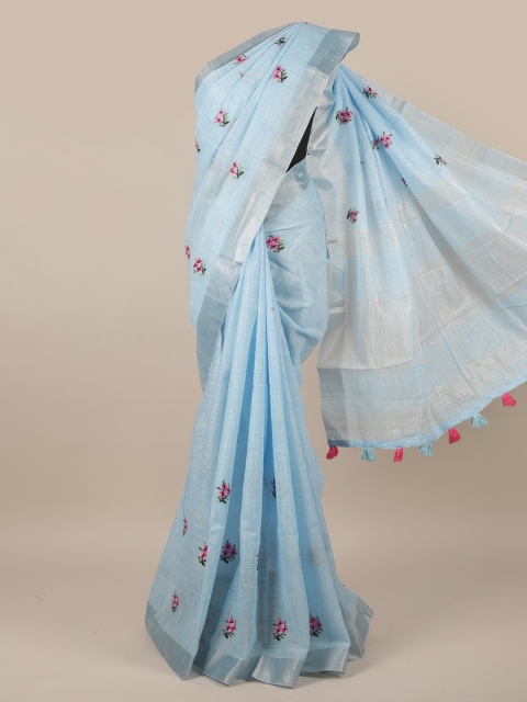 

Pothys Blue & Pink Floral Zari Embroidered Linen Blend Saree