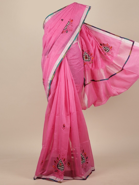 

Pothys Pink & Silver-Toned Ethnic Motifs Zari Cotton Blend Saree