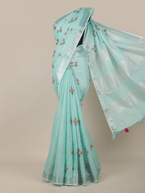 

Pothys Blue & Pink Floral Zari Linen Blend Saree