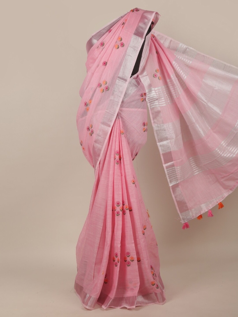 

Pothys Pink Floral Embroidered Zari Linen Blend Saree