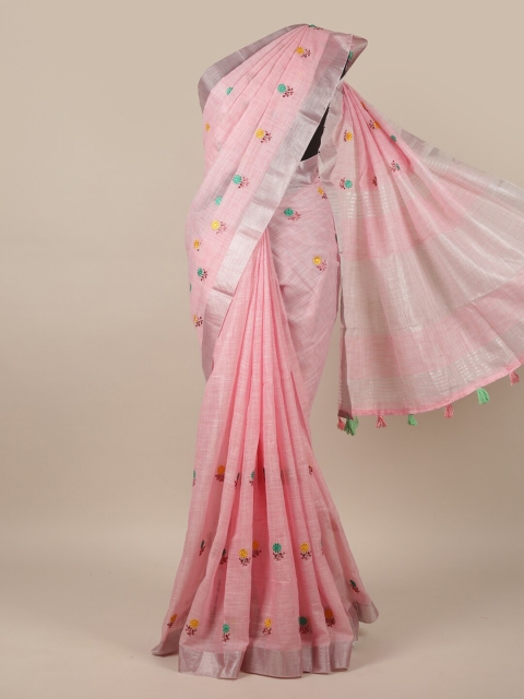

Pothys Pink & Yellow Floral Zari Linen Blend Saree