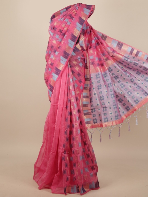 

Pothys Women Pink Abstract Woven Design Jute Silk Tasseled Saree
