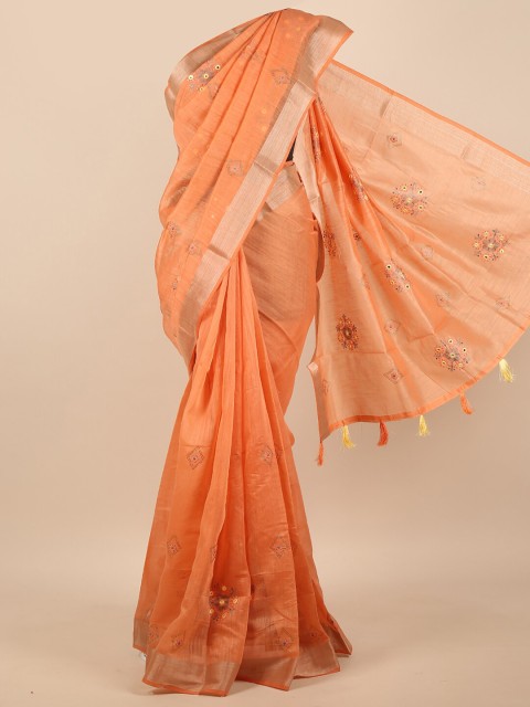 

Pothys Women Peach Floral Embroidered Mirror Work Tasseled Saree