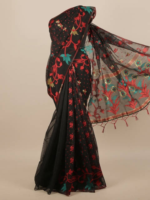 

Pothys Women Black Floral Woven Design Tasseled Saree