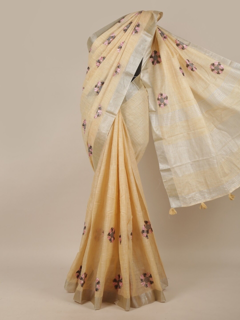 

Pothys Cream-Coloured & Silver-Coloured Floral Linen Blend Saree