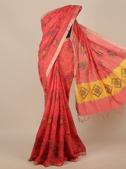 

Pothys Pink & Yellow Floral Zari Saree