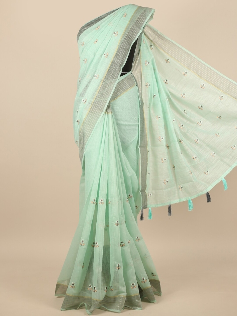 

Pothys Blue & Silver-Toned Floral Embroidered Saree