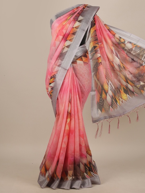 

Pothys Pink & Grey Zari Linen Blend Saree