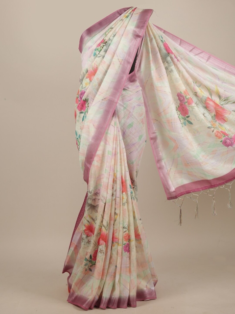 

Pothys Women Cream Floral Print Tasseled Sarees