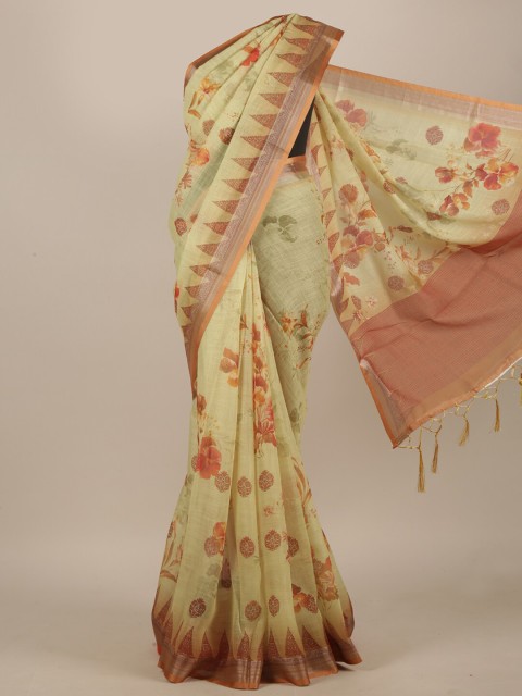

Pothys Lime Green & Beige Floral Linen Blend Saree