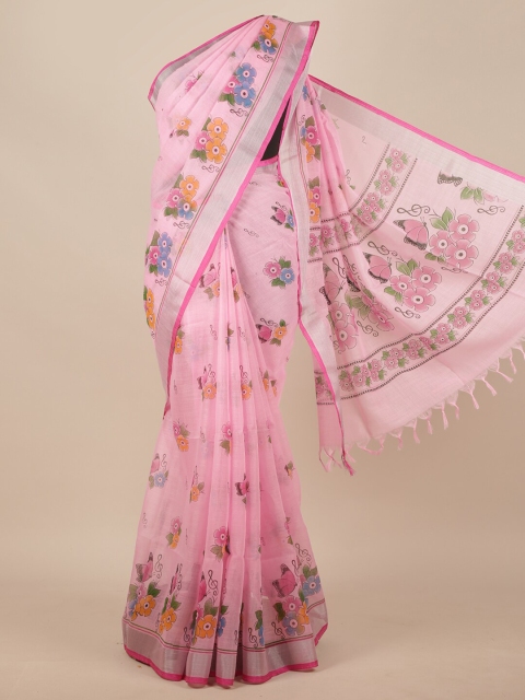 

Pothys Pink & Blue Floral Zari Linen Blend Saree