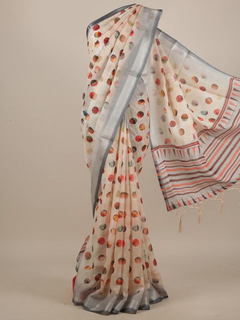

Pothys Cream-Coloured & Orange Linen Blend Saree