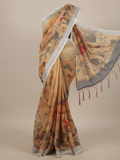 

Pothys Mustard & Grey Floral Zari Linen Blend Saree