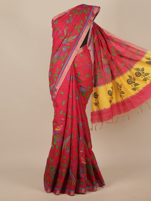 

Pothys Magenta & Yellow Floral Zari Cotton Blend Saree