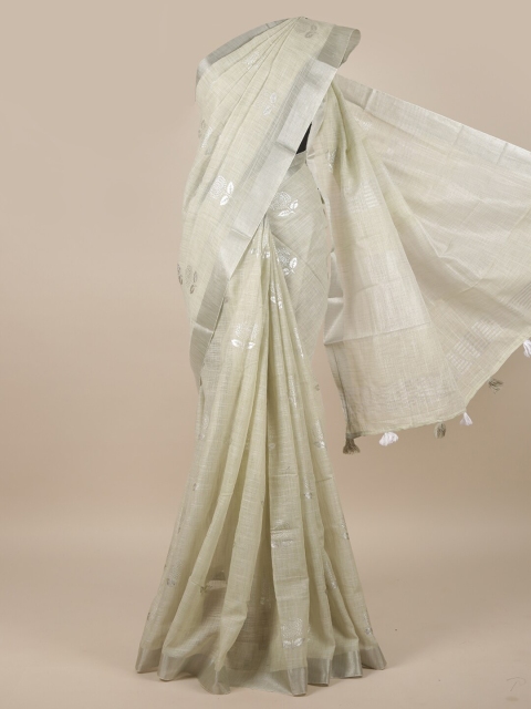 

Pothys Green & Silver-Toned Floral Linen Blend Saree