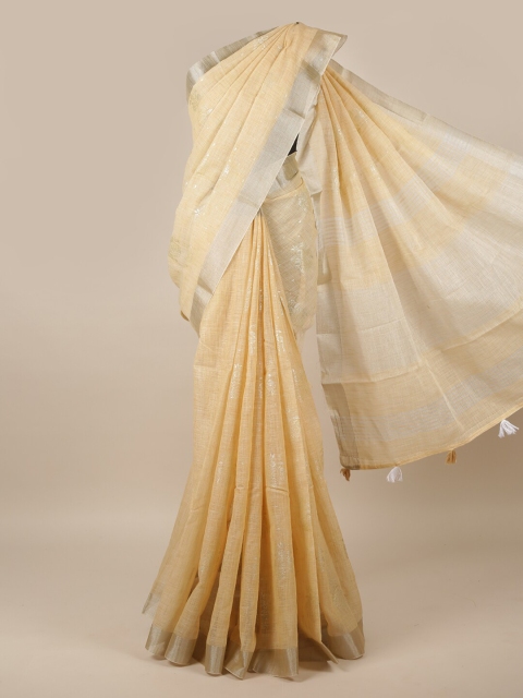 

Pothys Cream-Coloured & Silver-Toned Woven Design Zari Linen Blend Saree
