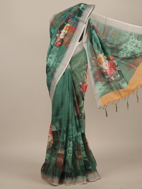 

Pothys Women Green Floral Print Tasseled Saree