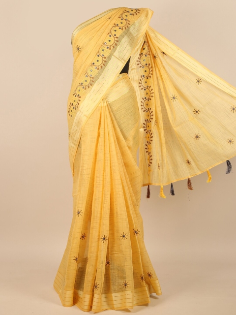 

Pothys Women Yellow Embroidered Mirror Work Tasseled Saree