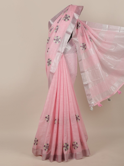 

Pothys Pink & Grey Floral Zari Linen Blend Saree