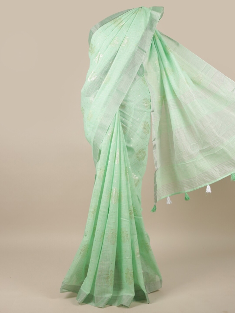 

Pothys Pastel Green Floral Zari Linen Blend Saree