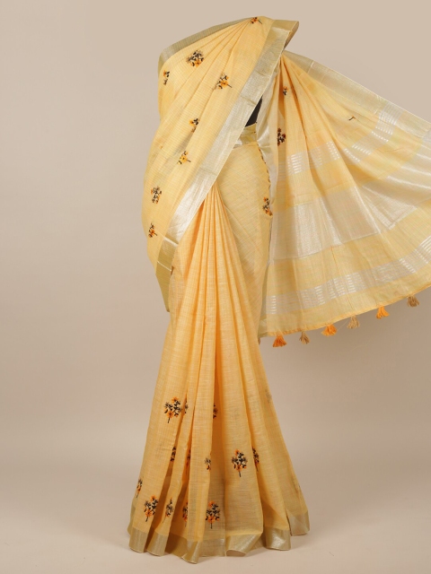 

Pothys Yellow & Gold-Toned Floral Zari Linen Blend Saree