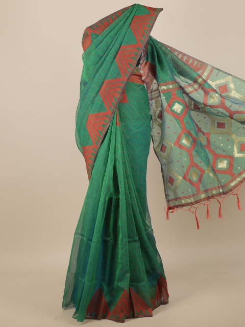 

Pothys Women Green Abstract Woven Design Jute Silk Tasseled Saree