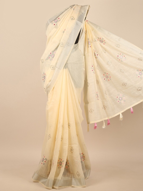 

Pothys Cream-Coloured Floral Beads and Stones Saree