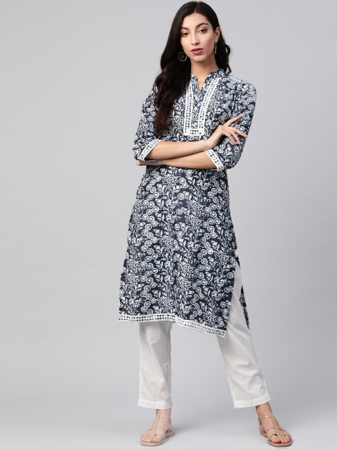 

Jompers Women Navy Blue Geometric Printed Thread Work Kurta