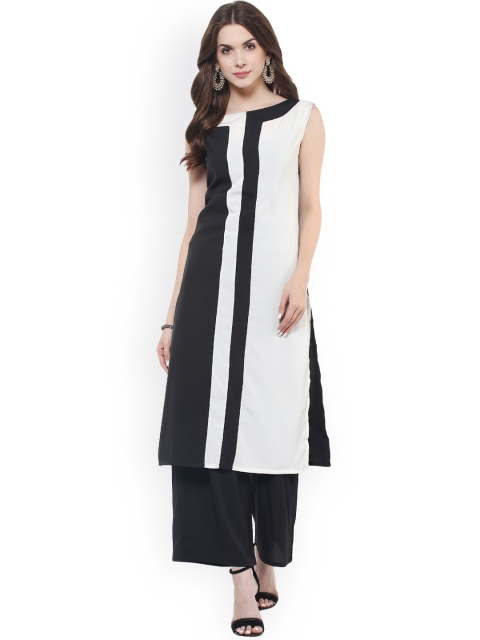 

Pannkh Women Black & White Colourblocked Straight Kurta