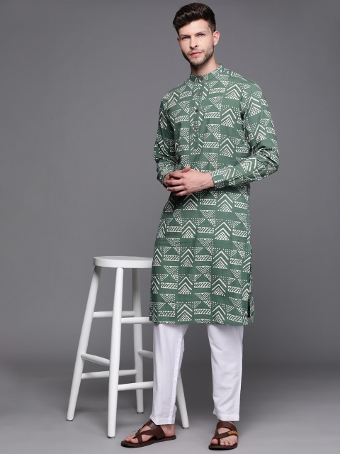 

Fabindia Men Green & Off White Ethnic Motifs Printed Pure Cotton Kurta