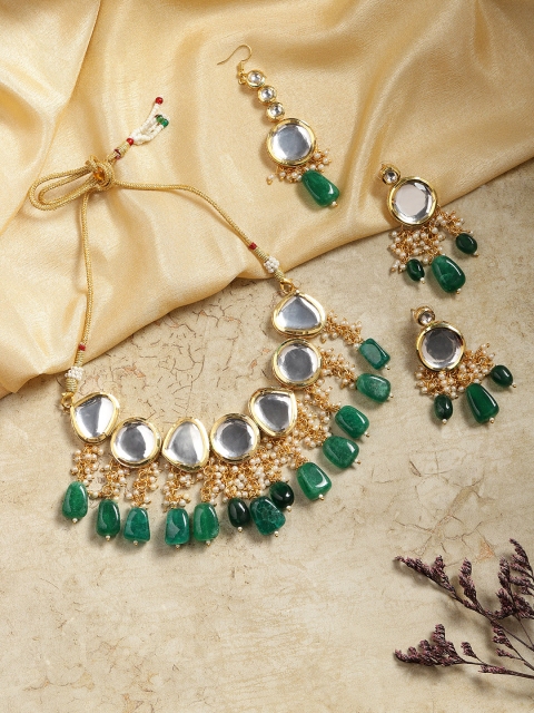 

Melani Borsa Gold-Plated Green & White Kundan Choker Necklace Set