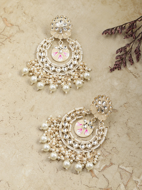

Melani Borsa Gold-Plated & White Crescent Shaped Chandbalis Earrings