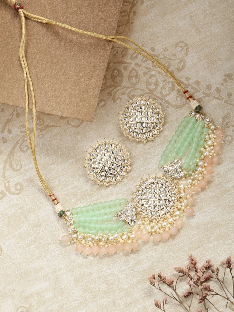 

Melani Borsa Gold-Plated Sea Green & White Kundan Choker Necklace Set