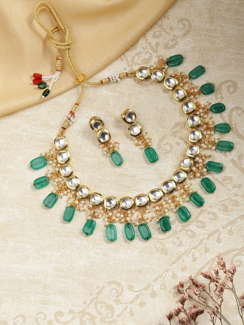 

Melani Borsa Gold-Plated Green & White Kundan Choker Necklace Set