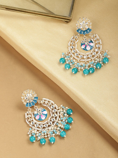 

Melani Borsa Teal Blue & Gold-Plated Crescent Shaped Chandbalis Earrings
