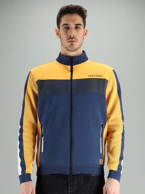 

FREESOUL Men Blue & Yellow Colourblocked Sweatshirt